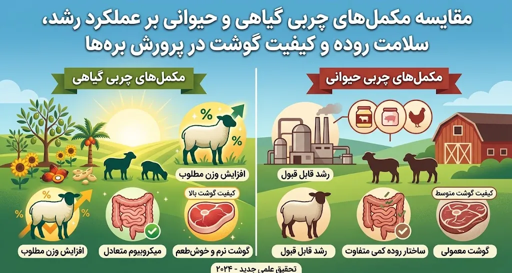 مقایسه مکمل‌های چربی گیاهی و حیوانی بر عملکرد رشد، سلامت روده و کیفیت گوشت در پرورش بره‌ها